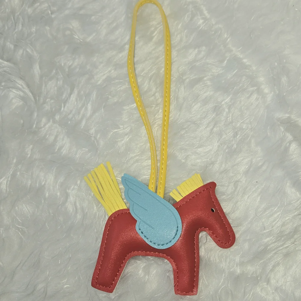 Red Pegasus Leather Bag Charm with Blue Wing and Yellow Strap